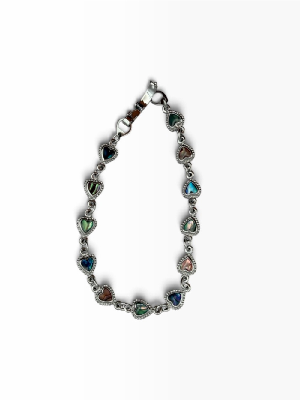 Vintage Abalone Heart Link Bracelet Silver Tone Multicolor Shell Rhinestone 7”